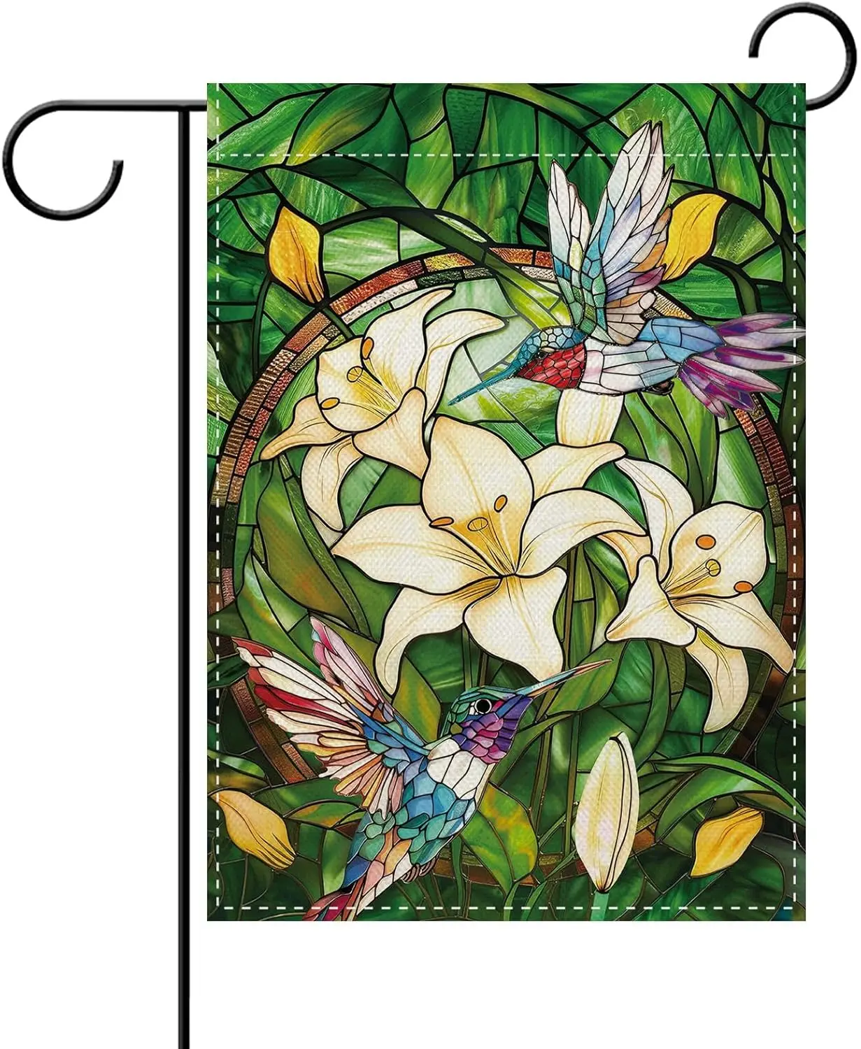 Dyrenson Stained Glass Hummingbird Floral Decorative Garden Flag, Lily Flower Botanical Yard Outside Home Decoration, Spring YYQ