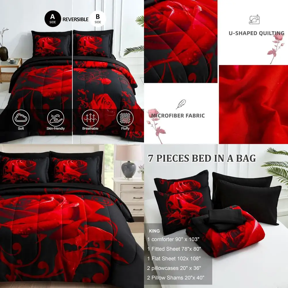 

King Size Red Floral Bedding Set: 7-Piece Reversible Comforter, Sheets, Pillowcases & Shams in Lightweight Microfiber