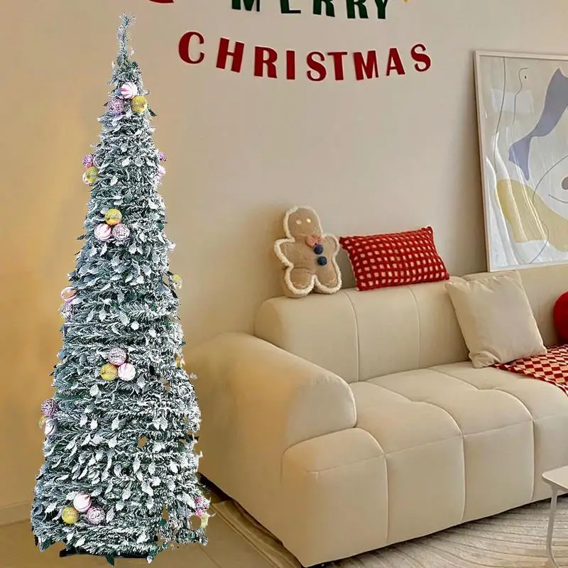 Pop-up Christmas Tree Foldable Tabletop Ornaments Small Christmas Tree Snow Flocked Christmas Supplies Pine 70.87Inch