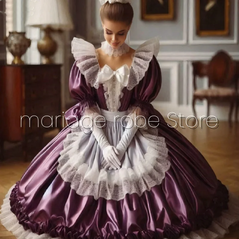 

Элегантные средневековые глянцевые вечерние платья в стиле горничной с фиолетовыми рукавами-пузырьками, белые кружевные платья с рюшами по индивидуальному заказу в викторианском стиле для выпускного вечера