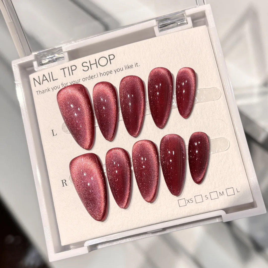 Handmade Pure Color Fake Nails Cat Eye Red Acrylic Nails Press Ons with Sticky Tabs Beautiful false Nails with Box and Tools