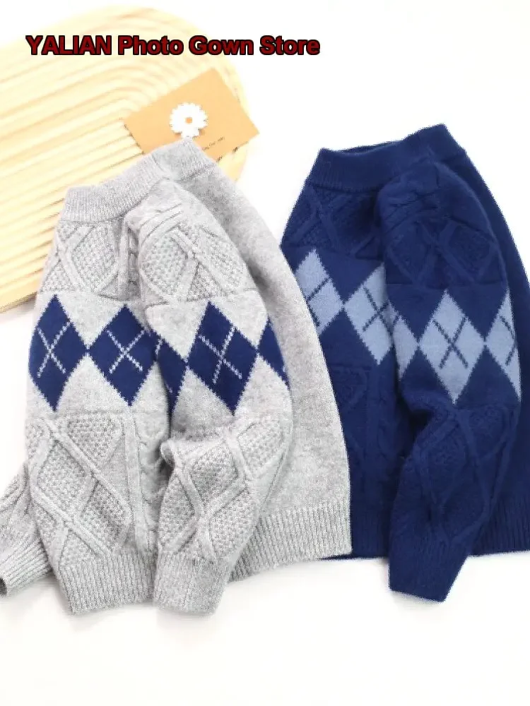 Boys Pullover Sweater Kids Double-Layer Thickened Cashmere Knit Top Gray Ribbed Pattern Older Kids