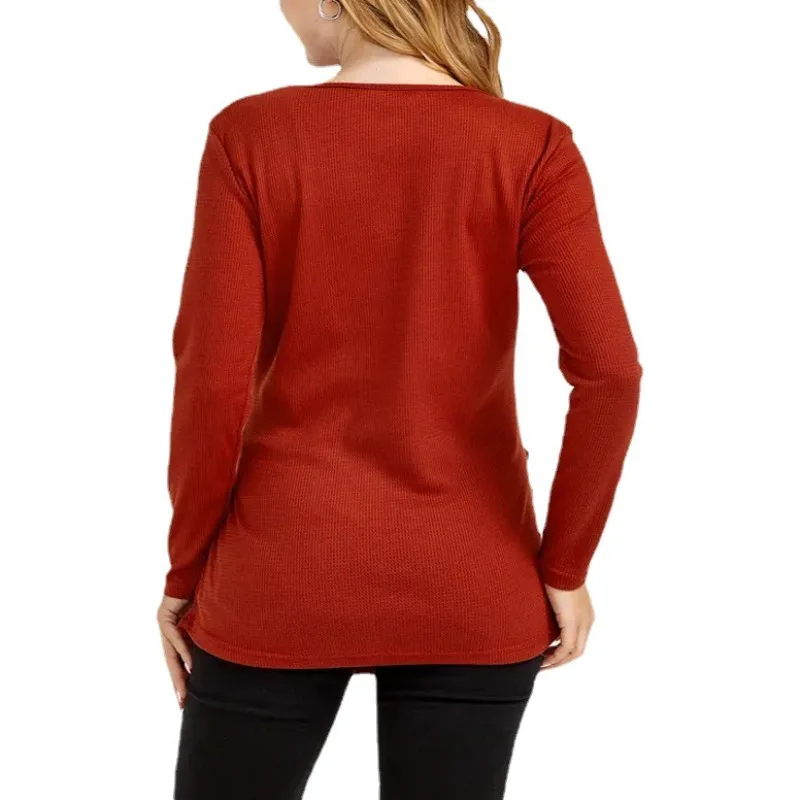 قاعدة ناعمة ومريحة للرضاعة الطبيعية للنساء الحوامل، لون أحمر خمري، رقبة مستديرة، تي شيرت عالي الجودة بأكمام طويلة #6