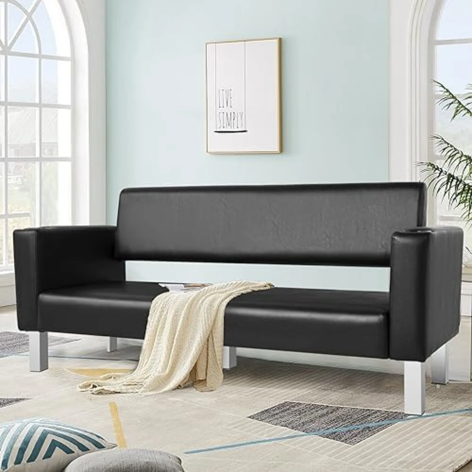 Office Reception Chairs Waiting Room Bench Guest Chairs | 60.6'' Leather Bench, Conference Room Chairs, with 2 Cup