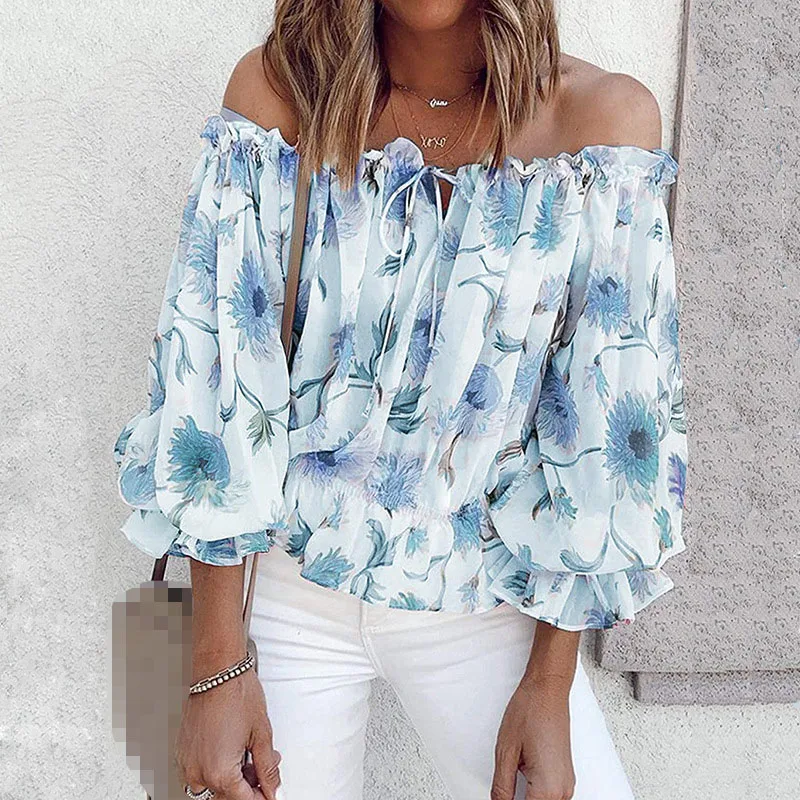 Spring Autumn Women's New Sexy One Neck Off Shoulder Chiffon Shirt Loose Fashion Printed Casual Long Sleeve T-shirt Top