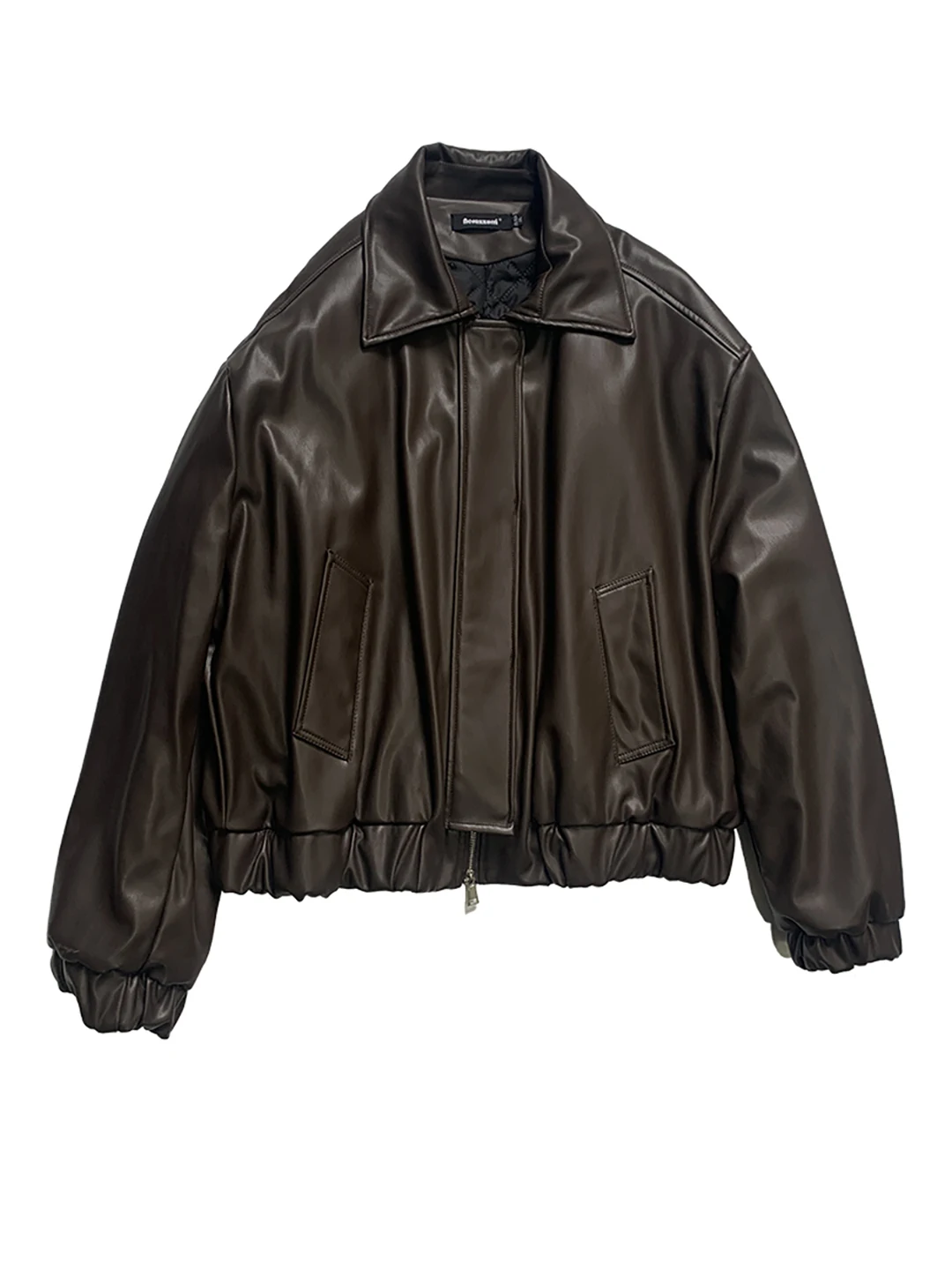 Nerazzurri Women's Loose Casual Short PU Leather Jacket Zipper Flip Collar Warm Cotton Lined Windproof Fashionable Coat