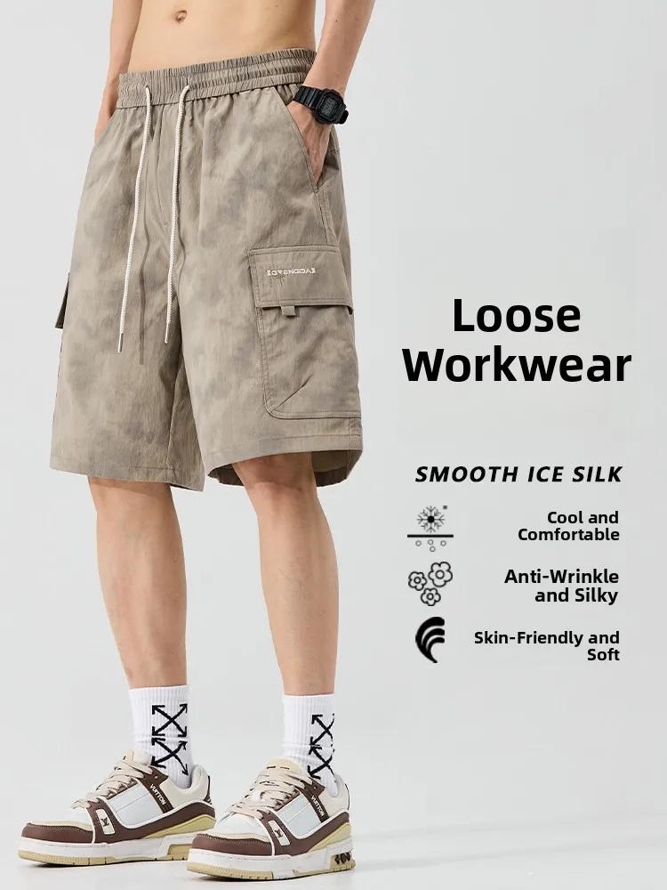 

Новые мужские летние тонкие шорты из ледяного шелка 2026 года, повседневные, в американском стиле, свободные, прямого кроя, спортивные бриджи из полиэфирного волокна