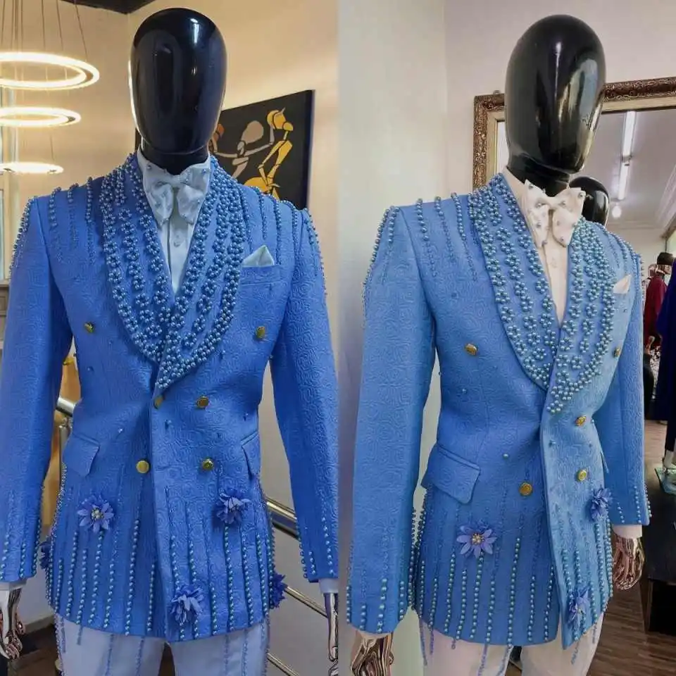 Designer Men Suits Customized Pearls Groom Wedding Tuxedos Beads Formal Prom Birthday Party Blazer Para Hombre 2 Pieces