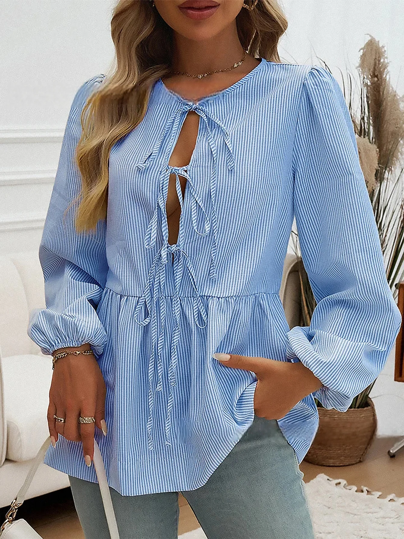 Blusas femininas outono inverno 2025 blusas femininas manga comprida com decote em v elásticos lisos cintura blusas de ajuste regular