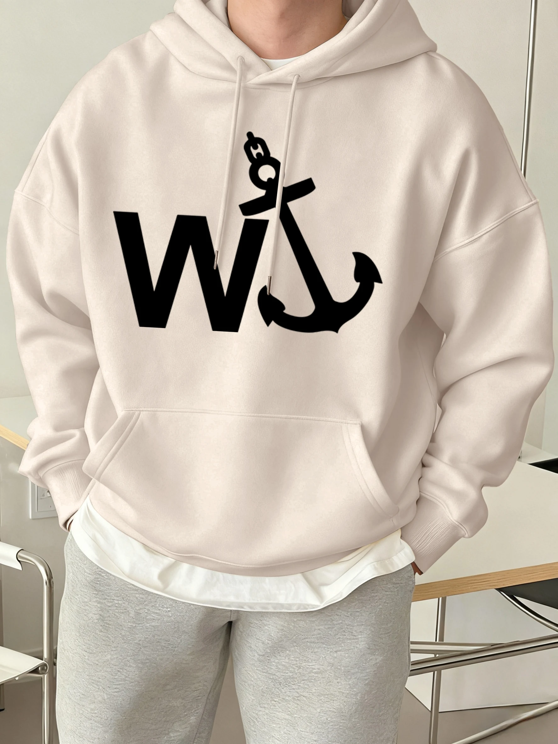 Der Buchstabe W und Anker bedruckter Herrenpullover Herbst O-Ausschnitt Hoodie Hip Hop trendige Kleidung lässig Fleece Unisex Basic Langarm