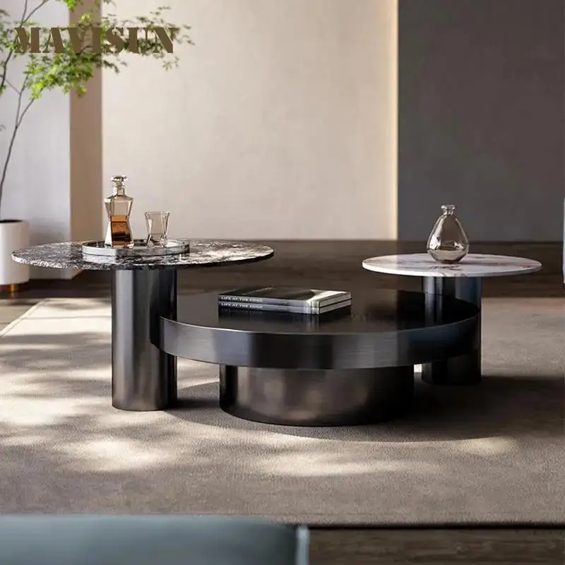 

Luxury Combination Of Tables Living Room Furniture Stable Stainless Steel Frame Black Or Gold Coffee Table With Two Side Tables