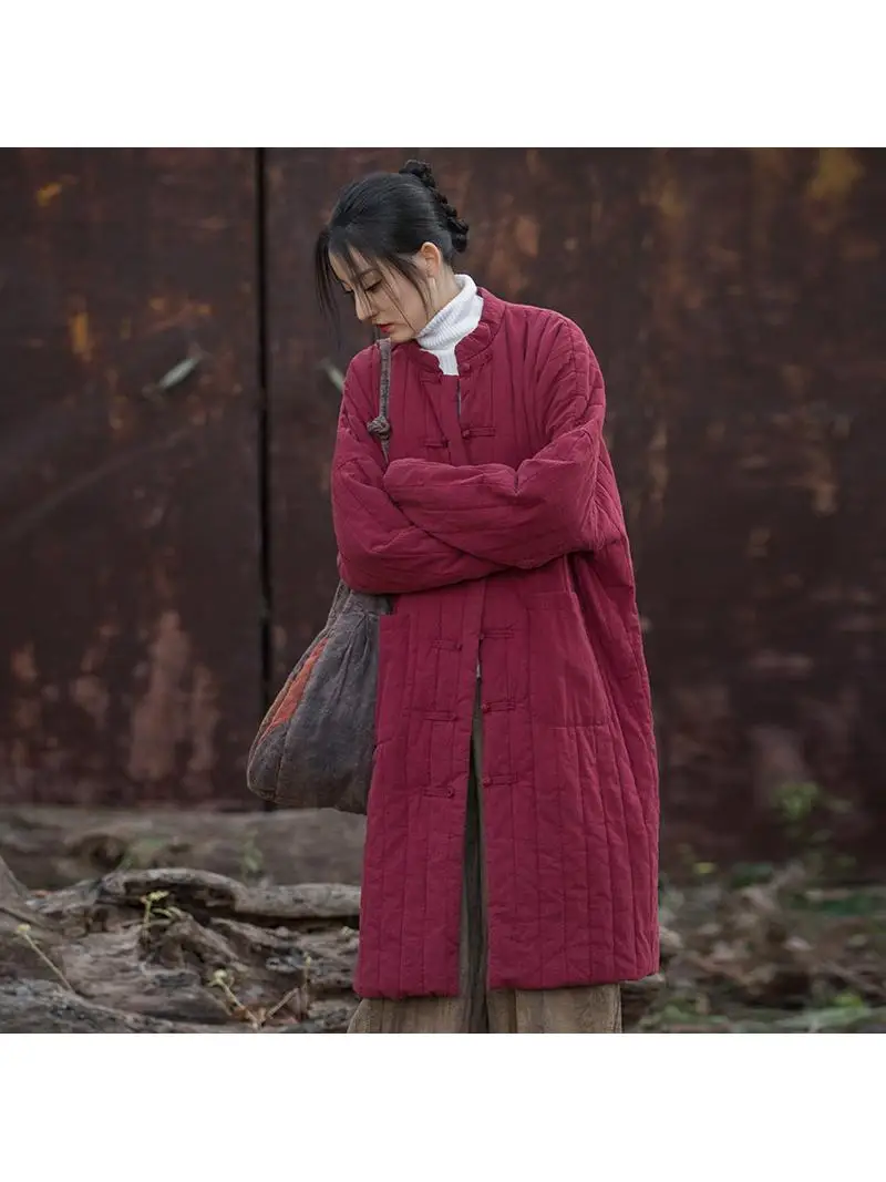 

Women's Thickened Cotton Linen Jacket Long Sleeve Stand Collar Pure Color Winter Warm Coat Button Closure Cotton Outerwear