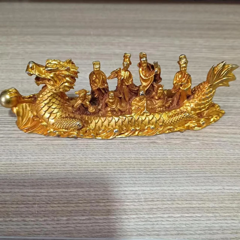 Pure Yellow Copper Gilded Eight Immortals Crossing the Sea Dragon Boat Decoration Eight Immortals Copper Statue Each Shows the M