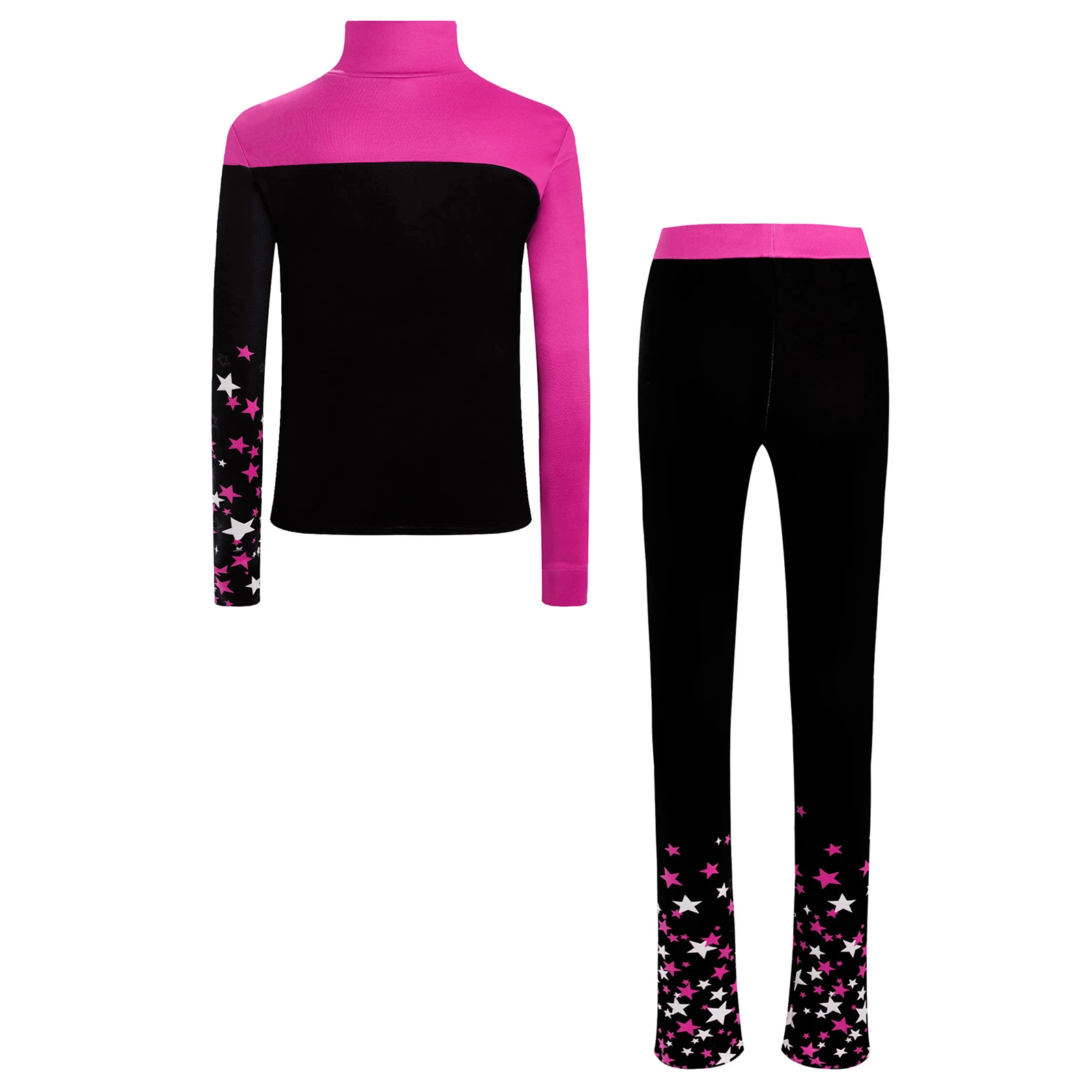 Kids Girls Figure Skating Gymnastics Outfits Yoga Workout Tracksuits Long Sleeve Star Printed Zipper Sweatshirt with Leggings