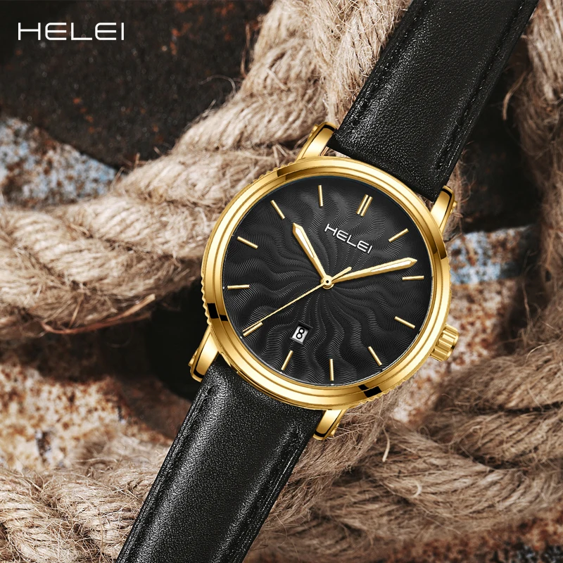 HELEI Fashion new sports casual quartz watch date genuine leather luminous strap men's wristwatch