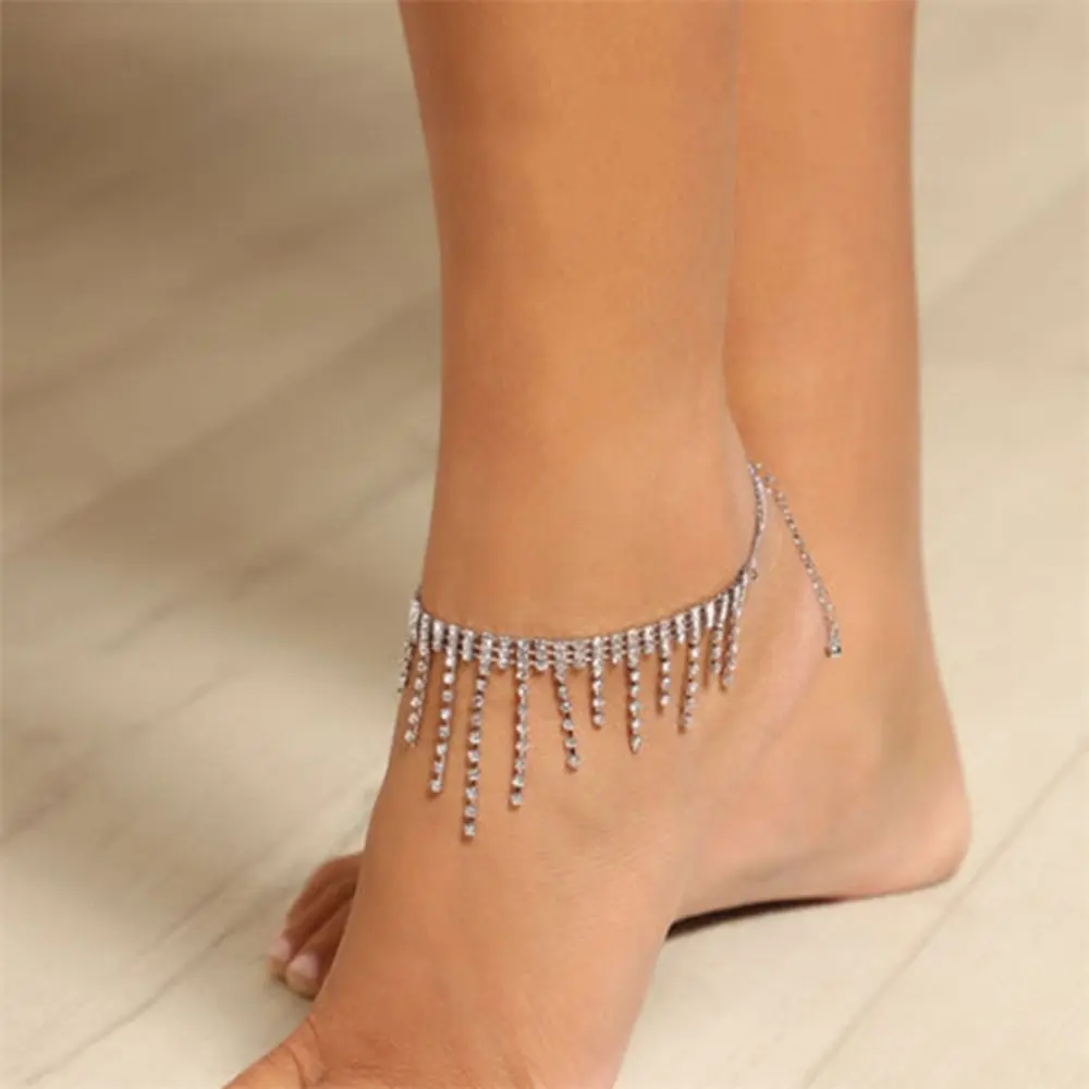 Tobilleras con diamantes de imitación a la moda, cadena ajustable con pies brillantes, accesorios de joyería con borlas simples para playa