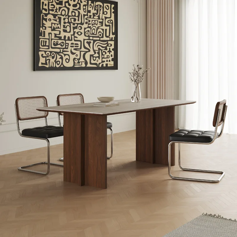 

Nordic retro walnut wind tunnel slate dining table household small apartment solid wood simple medieval tea