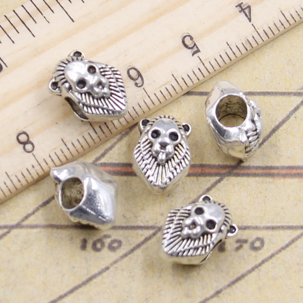 10pcs Beads Animal Lion 4.5mm Big Hole Vintage Charms European Pendant Fit For Bracelet DIY Antique Silver Color Fit Making