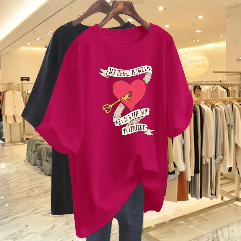 T-shirt basique à manches courtes et col rond pour femme, pur coton, mode estivale, impression de lettres d'amour, t-shirt haut, pull surdimensionné, 40-105 noix