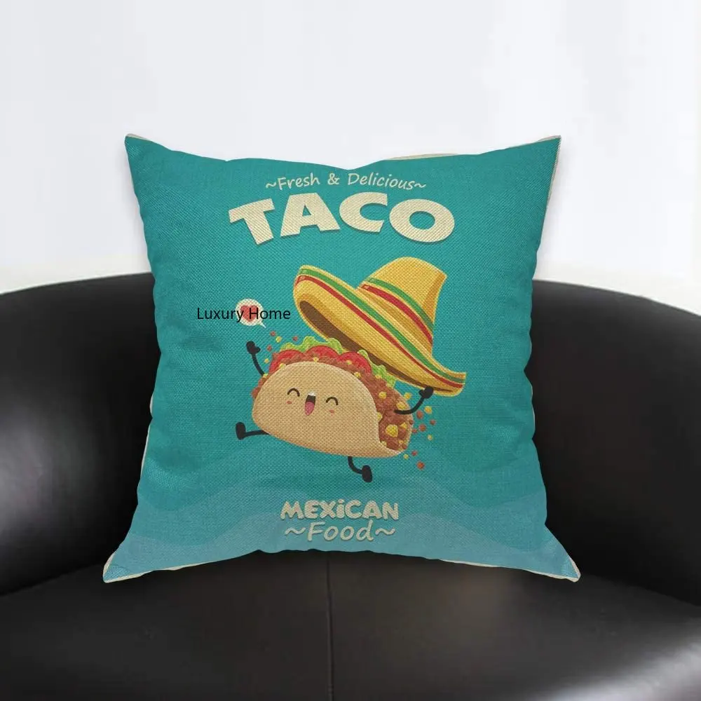 Mexican Food Taco Throw Pillow Cover Cute Funny Tortilla Pillow Case 18x18 Inch Cotton Linen Square Cushion for Home Couch Bed