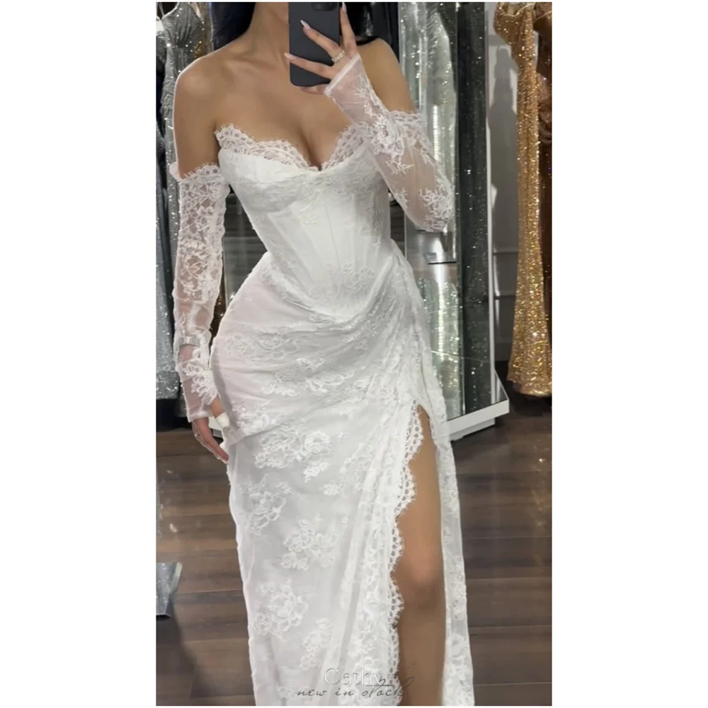 

Cathy Customized White Exquisite Lace Mermaid Prom Dress Off The Shoulder Long Sleeves vestidos de noiva Side High Split Formal
