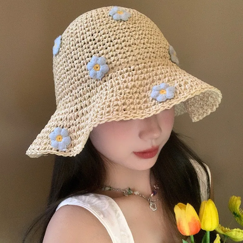 Damen Sommer Blumen Strohhut Faltbarer UV-Schutz Sonnenhut Ausgehöhlter Gewebter Strand Urlaub Reisehut