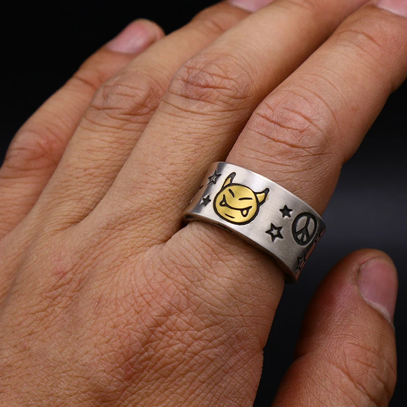 Bagues rétro en argent pour hommes et femmes, bijoux de documents, bague à motif de démon étoile en polaire mignonne, cadeaux de carillon réglables