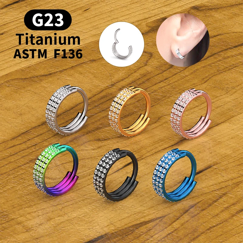 1PS New G23 Titanium Three-row Zircon High-quality High-quality High-segment Ring Septum Nostril Ear Hole Perforated Jewelry