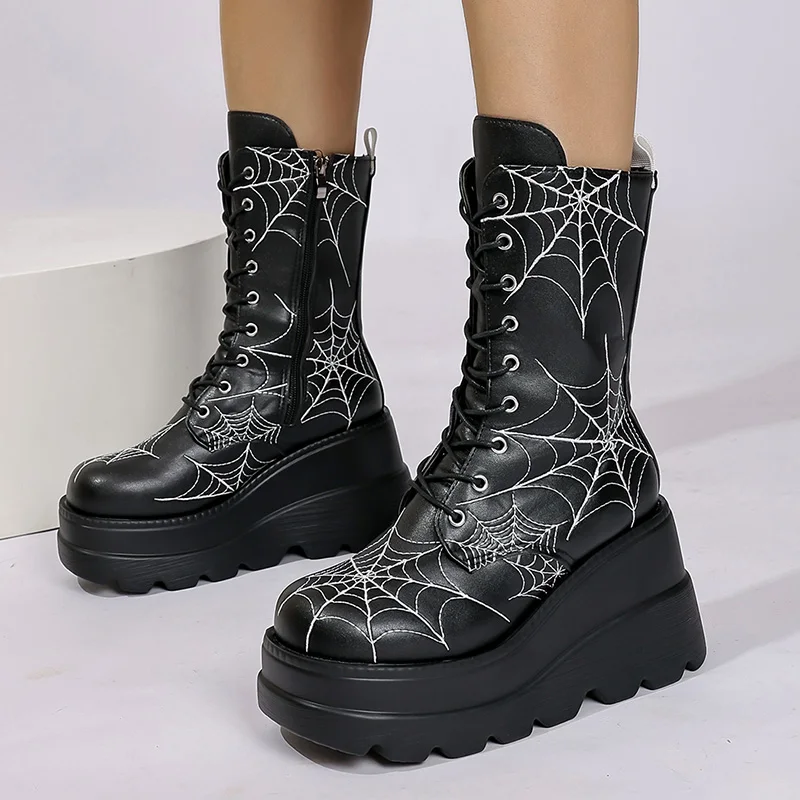 Spooky Style Chunky Platform Mid Calf Boots Women Spider Web Pattern Wedge Gothic Boots Woman Thick Sole Halloween Cosplay Shoes