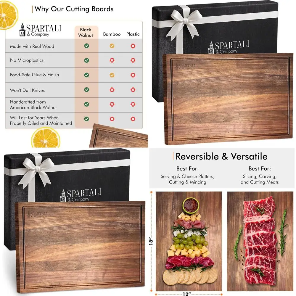 

Reversible 18x12 Black Walnut Cutting Board with Juice Groove - Hardwood Butcher Block for Food Preparation