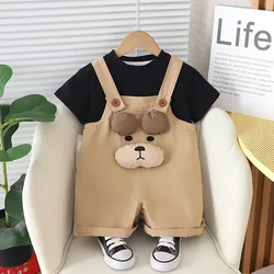 Kids Summer Sets 2024 Baby Boy Clothes 9 To 12 Months Solid Color Short Sleeve T-shirts and Cartoon Overalls Children's Clothing