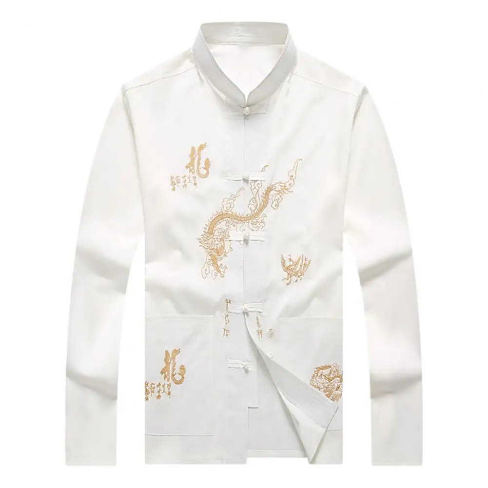 Chinese Style Men Shirt Long Sleeve Chinese Dragon Pattern Stand Collar Shirt for Mid-aged Men with Pockets Male Tang Suit Top