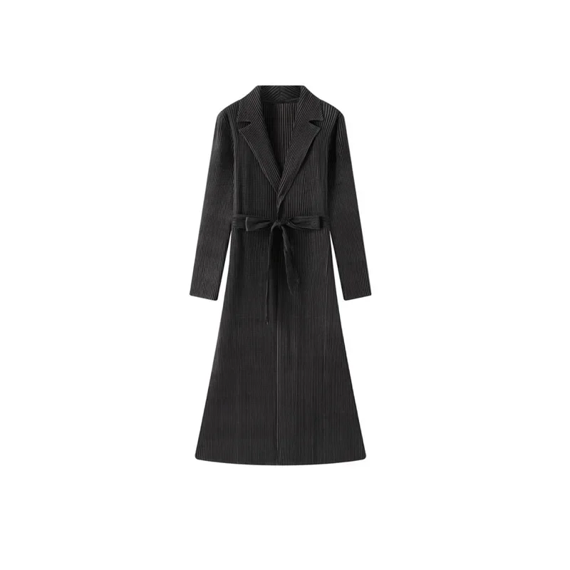 Miyake Women Khaki Pleated Long Dress, Lapel Collar Belted Maxi Dress, Long Sleeve A-Line Elegant Casual Dress
