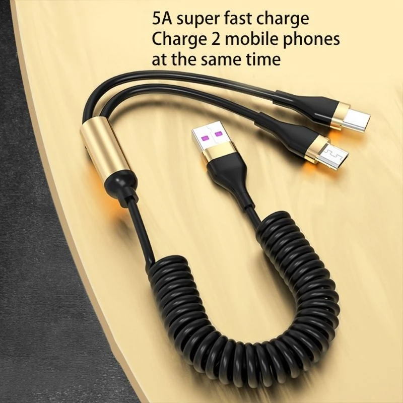 R1WD Dual Type C Spring Extension Charging Line Power up to Two USB C Devices at Once Supports 5A Fast Charging Flexible