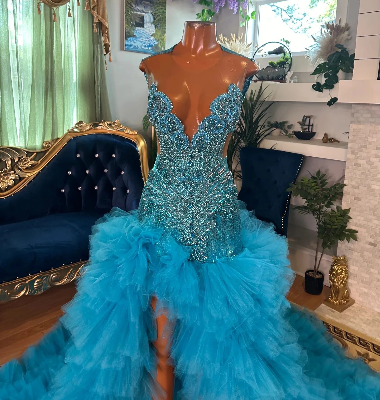 Abiti lunghi da ballo verde acqua per ragazze nere Volant con perline trasparenti Abiti da sera africani americani Abito da festa di compleanno personalizzato