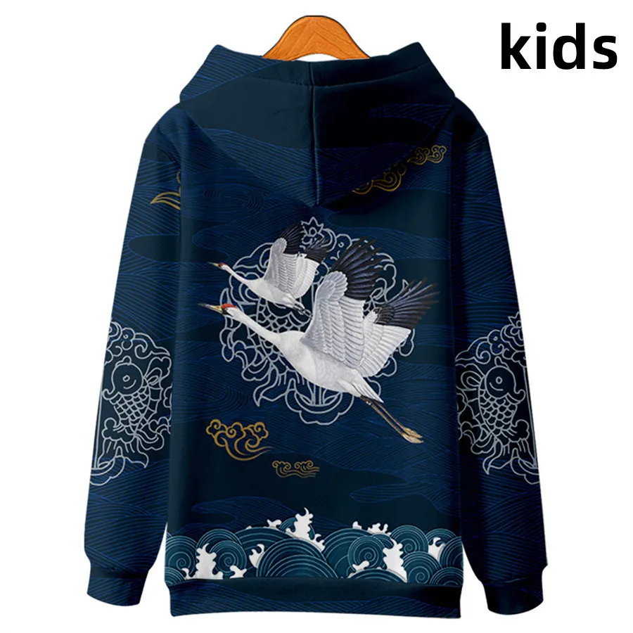 

3 To 14 Years kids Hoodies Chinese Crane Print Boys Girls Hoodie Sweatshirt Anime Cartoon Jacket Coat Children Clothing