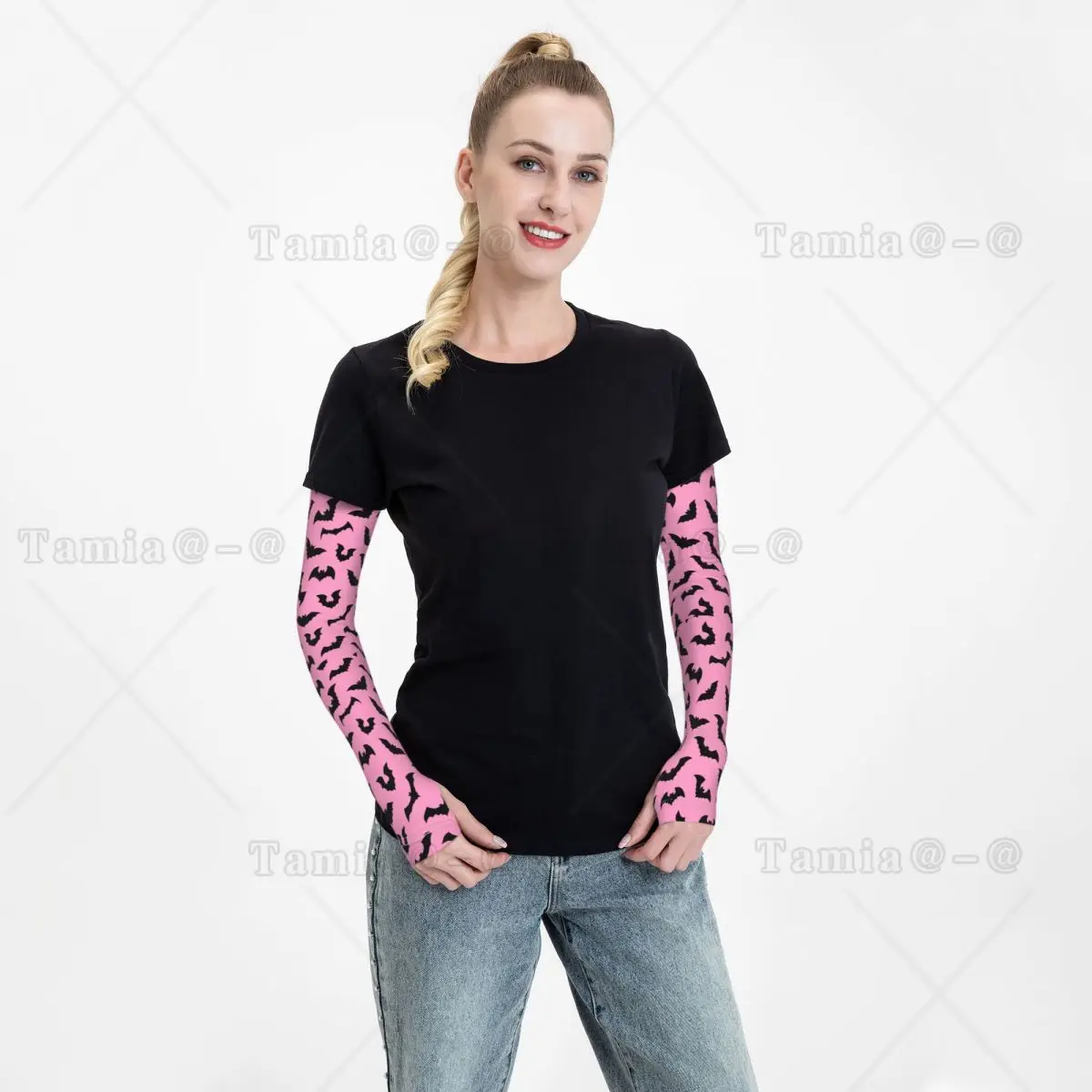Custom Pastel Goth สีชมพูสีดําค้างคาว UV ป้องกันแขนแขนผู้ชายผู้หญิงกีฬาแม่มดฮาโลวีน Tattoo Cover Up สําหรับขับรถ