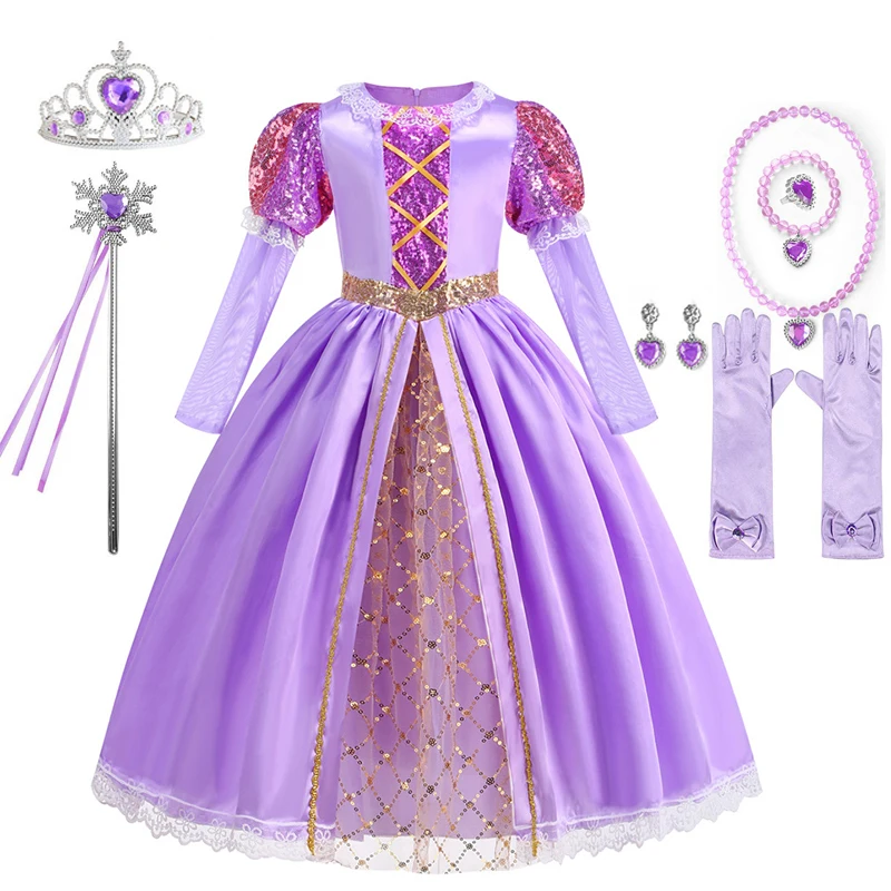 2025 Girls Role Play Rapunzel Long Sleeve Princess Kids Dress Cosplay Tangled Halloween Party Vestido Kids Birthday Christmas