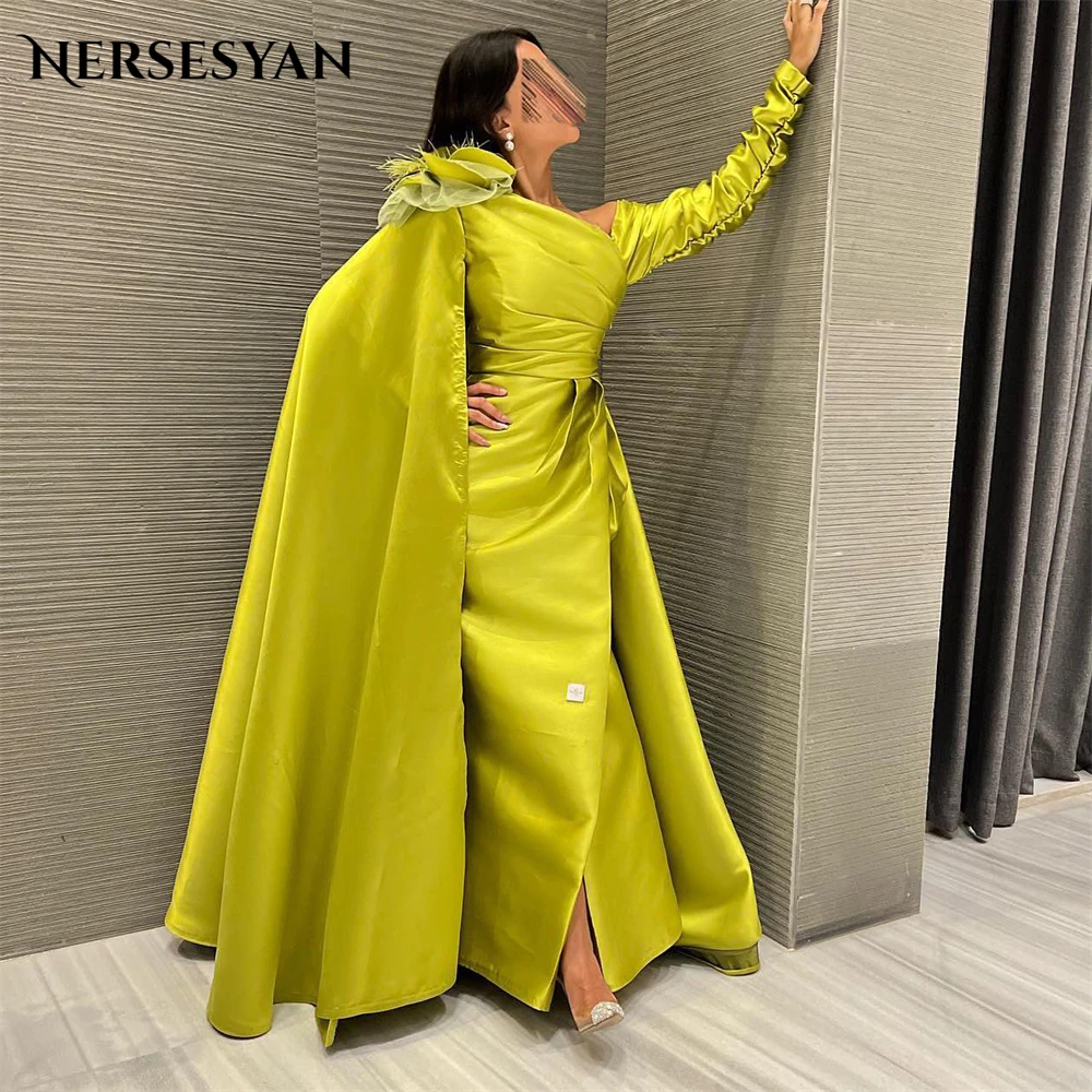 

Nersesyan Saudi Arabia Green Evening Dresses Mermaid Pleates Ruched Flowers Side Slit Prom Dress Dubai Celebrity Party Gowns