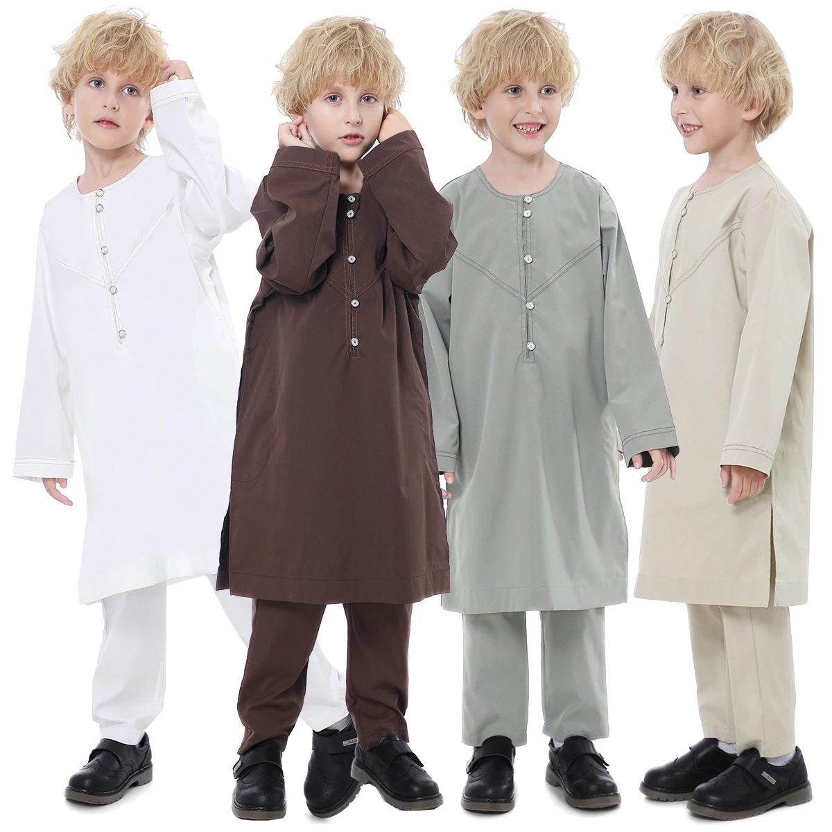 Muslim Boys Jubba Thobe Tops+Pants Two Pieces Clothes Suits Saudi Dubai Islamic Teenge Prayer Garment Arabic Kurta Tunica Hombre