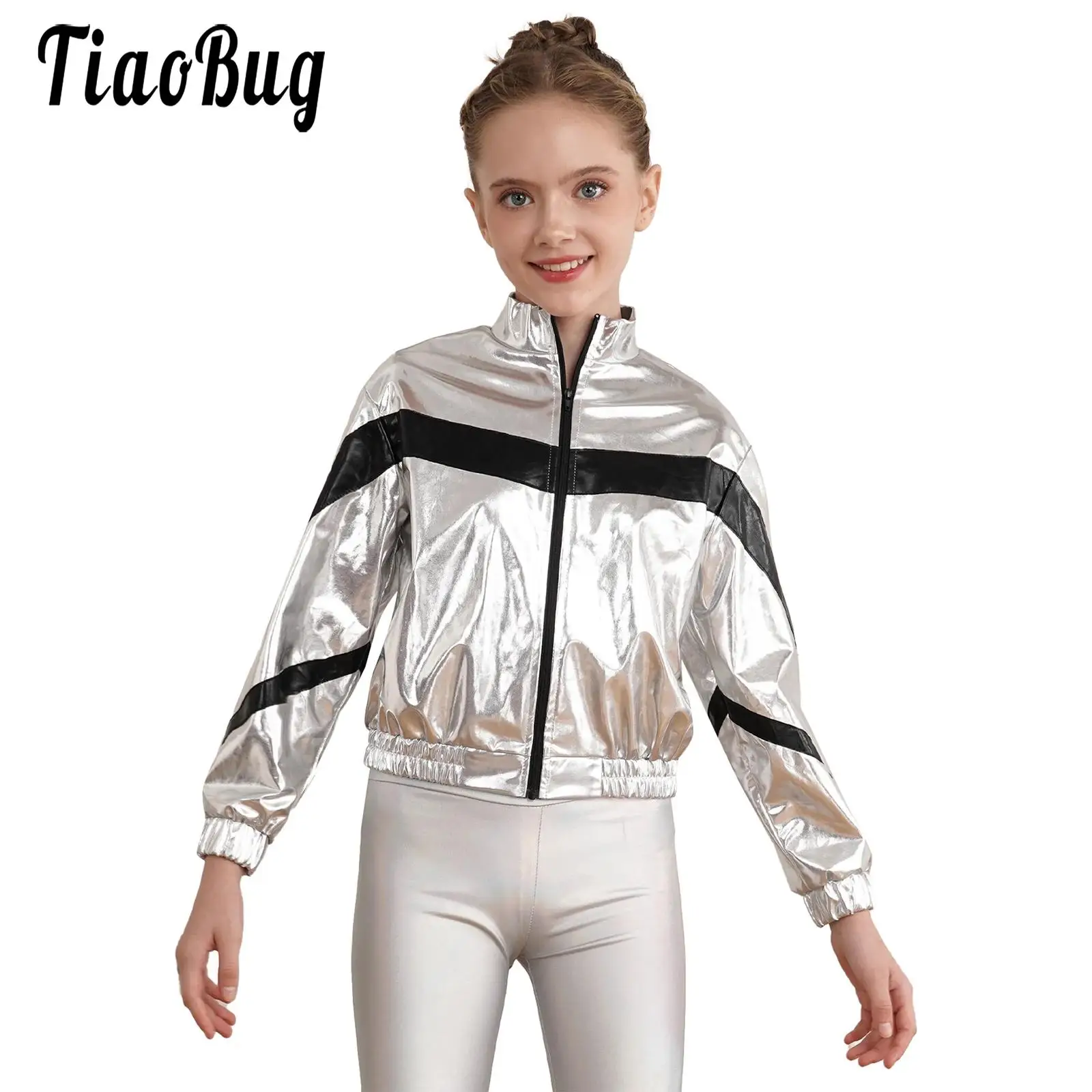 

Kids Girls Jazz Dance Hip-Hop Dance Top Coat Metallic Shiny Zipper Jacket Contrast Color Long Sleeve Coat Cheer Dance Costume