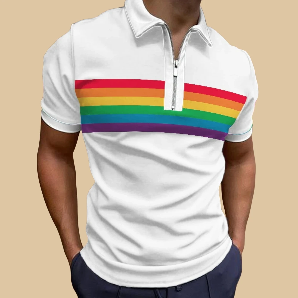 Rainbow Polo Shirt For Men Colorful Print Golf Top Tee Fashion Casual High Quality Men Clothing Loose Oversized Zip Polo T-Shirt