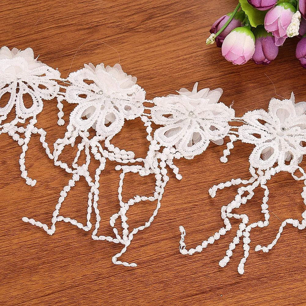 1 Yard 3D Flower Pearl Beaded Lace Tassel Edge Trimming Ribbon Fabric Applique Sewing Craft Wedding Bridal Dress Party DIY Decor