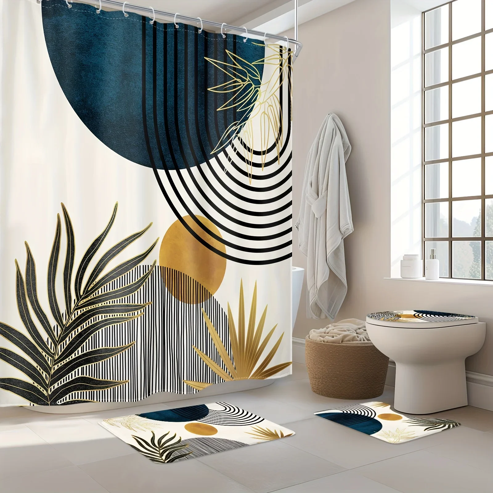 Bathroom 4-piece set blue mid-century bohemian style shower curtain for bathroom decoration, polyester, with hooks, U-shaped pad