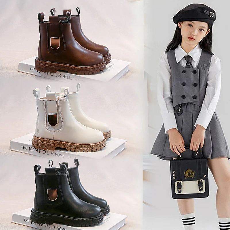 

Kids Leather Boots for Girls 2025 New Autumn Winter Kids Buckle Ankle Boots Non-slip Simple Retro Kids Christmas Party Boots