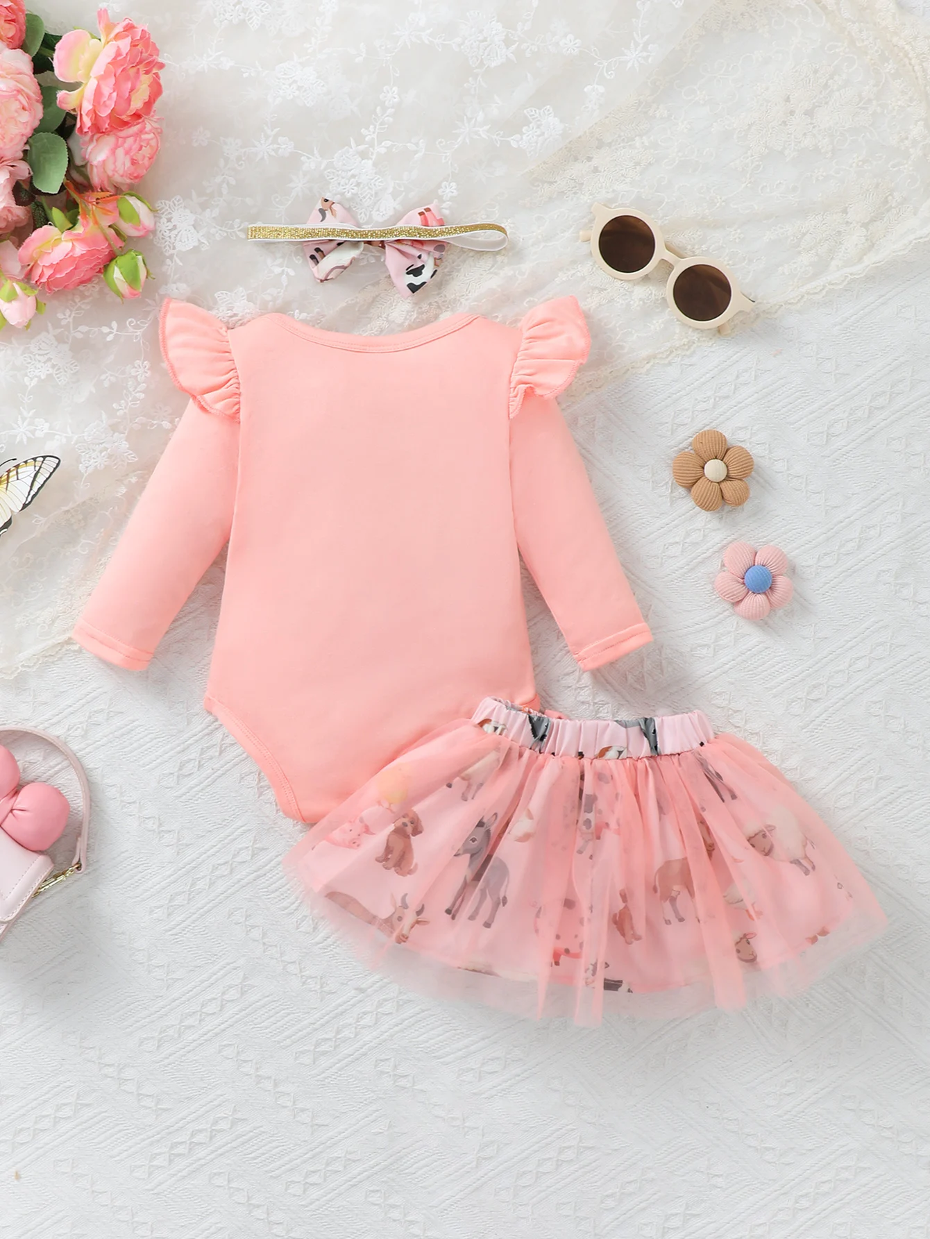 Baby Girl Long Sleeve Romper Skirt Set with Hairband Three-Piece Casual Spring Autumn Fashion Cartoon Pattern Outfit