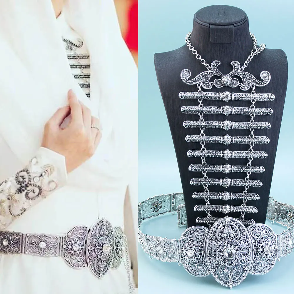 Neovisson Caucasus Traditional Jewelry Chain Breastplate Necklace Sets Dress Waist Belt Metal  Retro Silver Color Ladies Gift