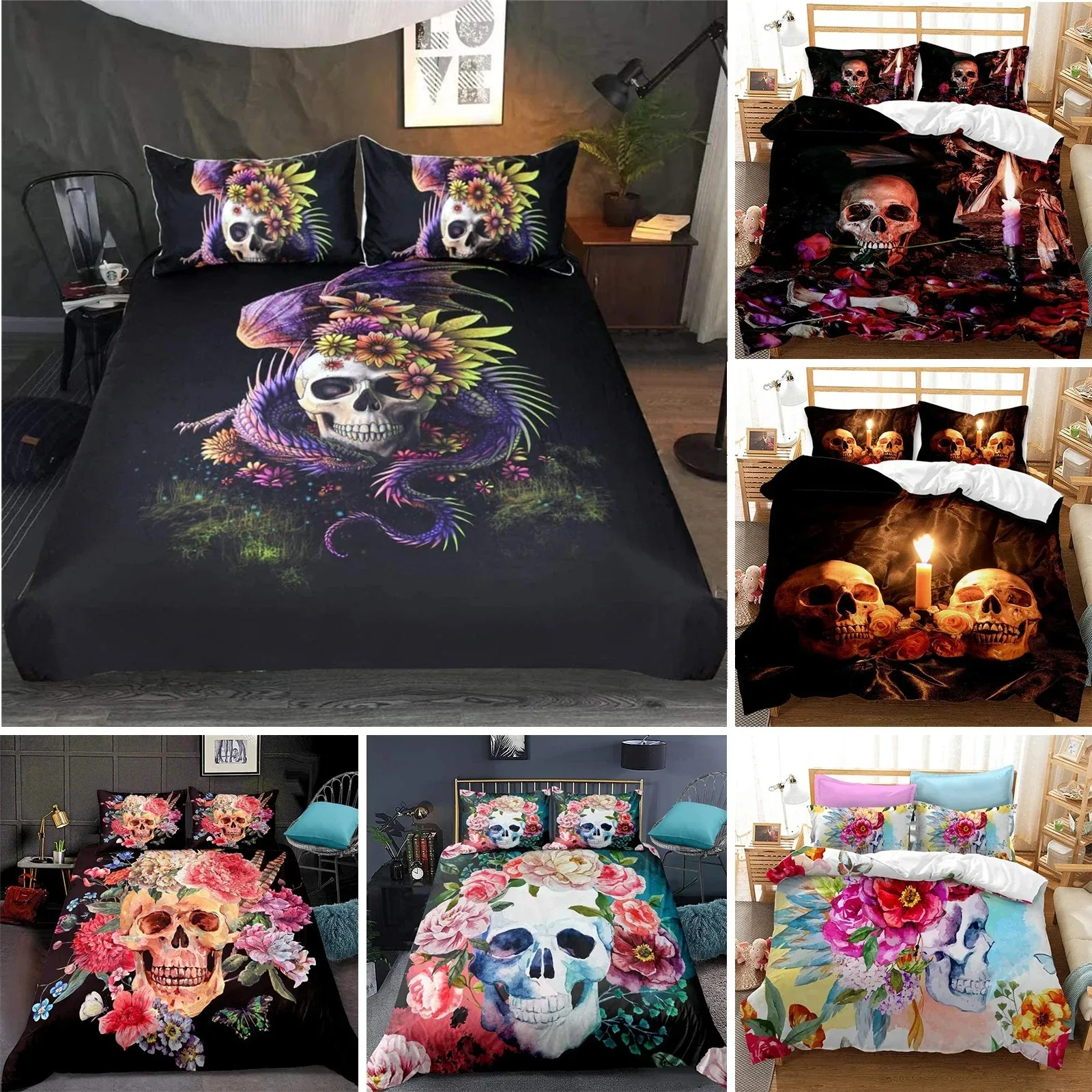 

3D Sugar Skull Comforter Cover Set Twin Size Flowers Print Bedding Set Black Microfiber Polyester Duvet Cover Set