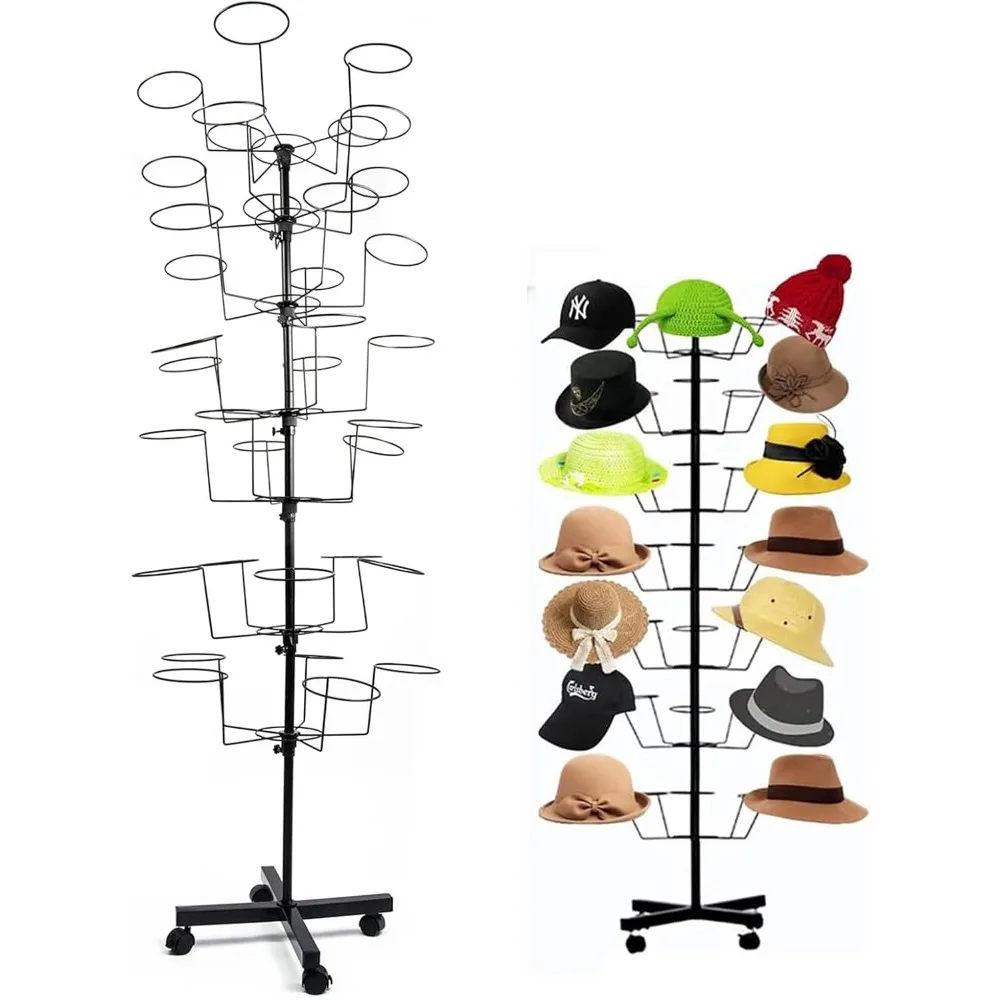 Hats Display Rack 35 Hooks Adjustable Hat Headwear Rack with Wheels Floor Hat Stand Metal Freestanding Hat Hanger for Home