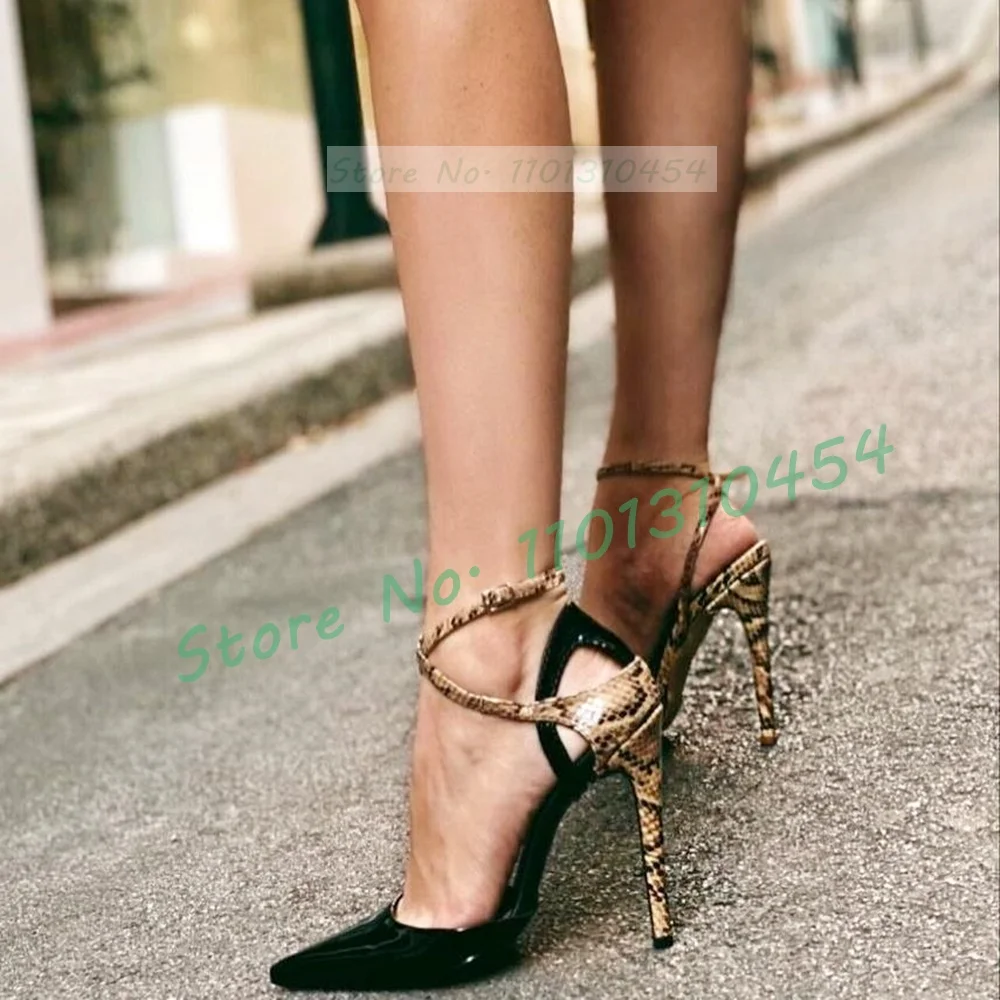 Colorblock Snake Cross Strap Sandals Women Sexy Black Patent Leather Pointy Toe High Thin Heels Sandals Women Summer Party Shoes